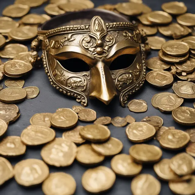 A corporate raider wearing a mask reveals a balance scale filled with gold coins, representing greenmail and its ethical dilemmas.