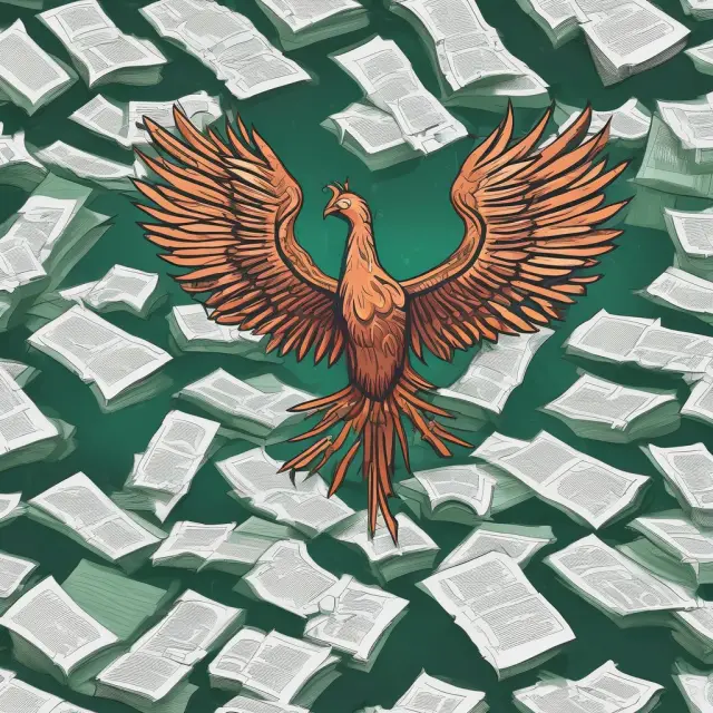 A digital Phoenix emerging from a mound of traditional greensheets, representing the transition to digital greensheets in modern finance.