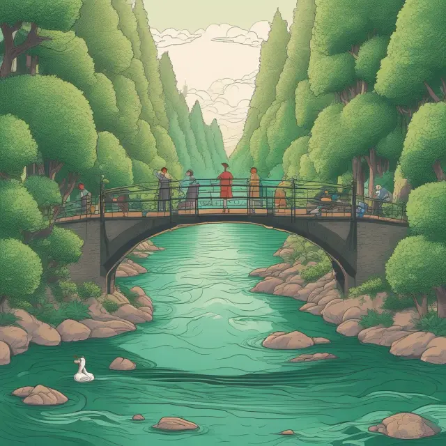 Two figures sharing documents over a flowing river, representing the exchange of greensheets between underwriters and investors