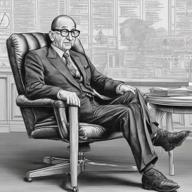An image of Alan Greenspan sitting in his iconic Fed Chair, extending a protective 