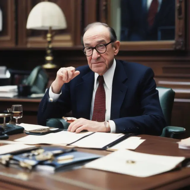 Alan Greenspan, depicted as a protective put option shielding investors from market volatility during the 1990s