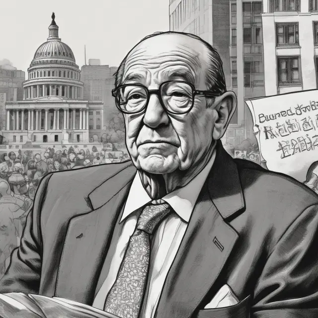 Alan Greenspan as a shield protecting investors from a declining stock market, symbolizing the belief in Fed intervention to prevent significant market downturns