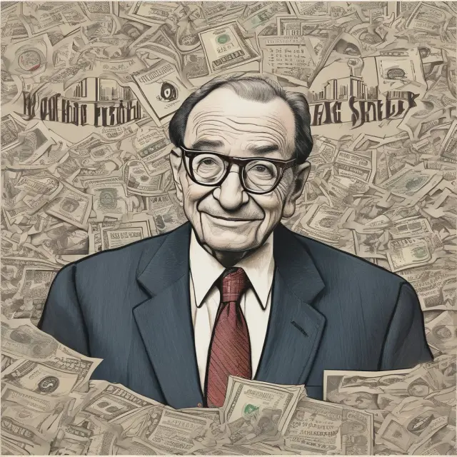 Alan Greenspan, represented as a sorcerer, casting protective charms to shield the stock market during turbulent times