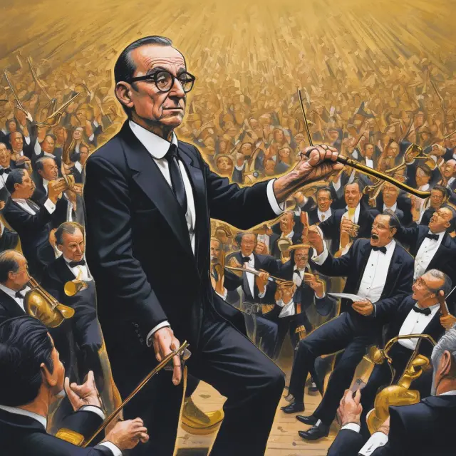 Alan Greenspan conducting financial markets with a golden baton, representing monetary policy and economic stability