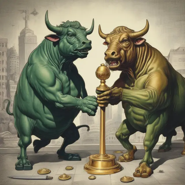 Bull and bear representing investors embrace a golden Fed gavel to signify the belief in the Greenspan put