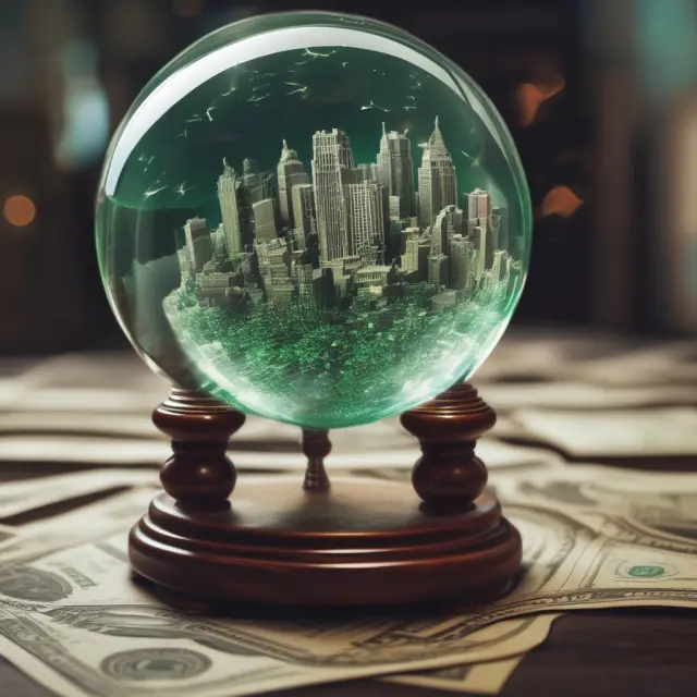 Crystal ball filled with put options shielding a market scene from volatile stocks, representing the belief in Fed intervention during Greenspan