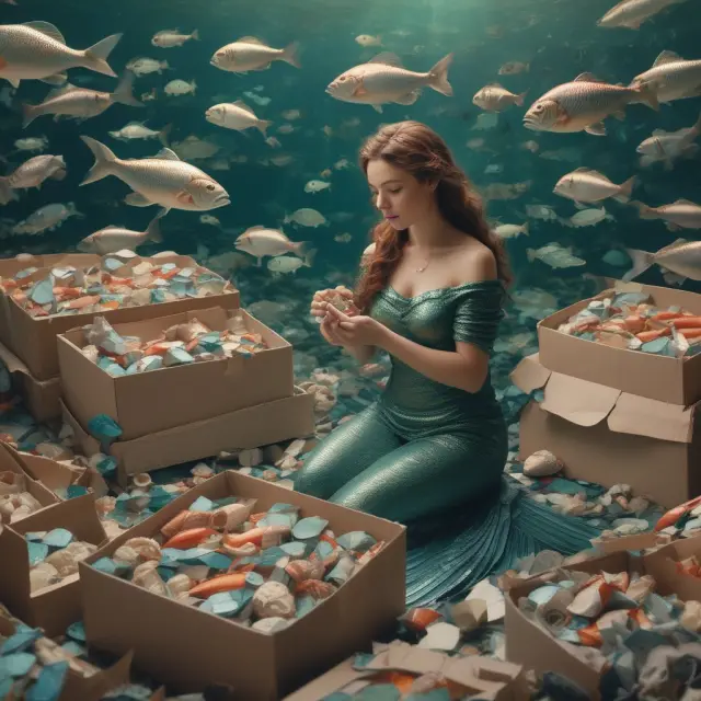 A mermaid separates mislabeled eco-friendly packages from the sea, emphasizing the importance of scrutinizing marketing claims.