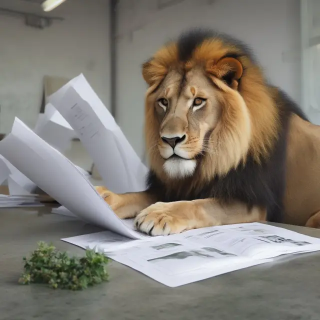 A wise lion carefully scrutinizes a pile of ESG reports and documents, symbolizing institutional investors conducting due diligence to uncover genuine eco-friendly companies.