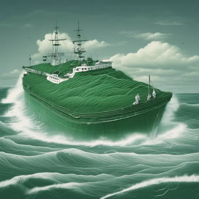A ship sailing on rough waves, with green waves symbolizing greenwashing, representing the risk of damaging consumer trust and brand reputation