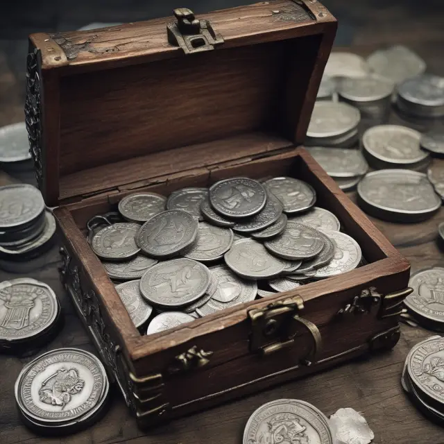 An image of old silver coins concealed within a pile of newly minted base money inside a royal treasure chest