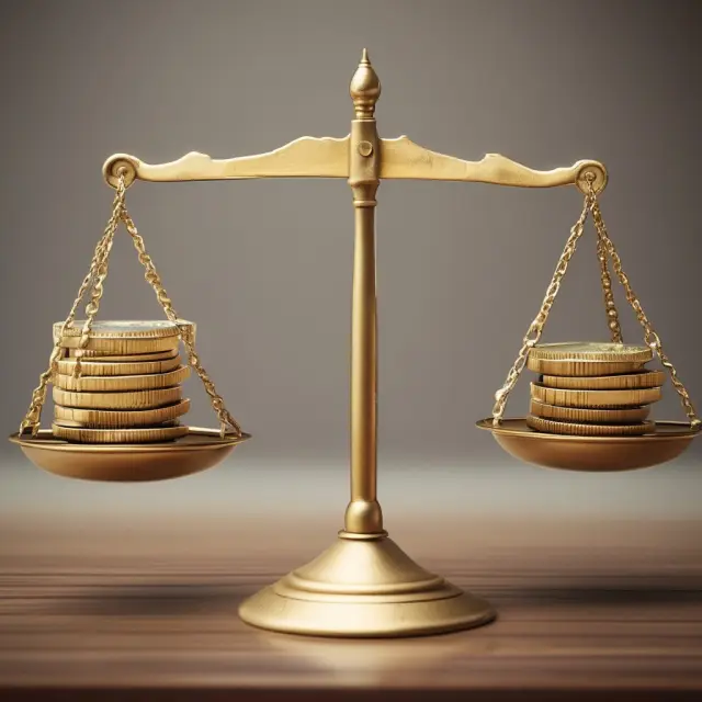 A balance with gold and base metal coins illustrating the economic consequences of Gresham