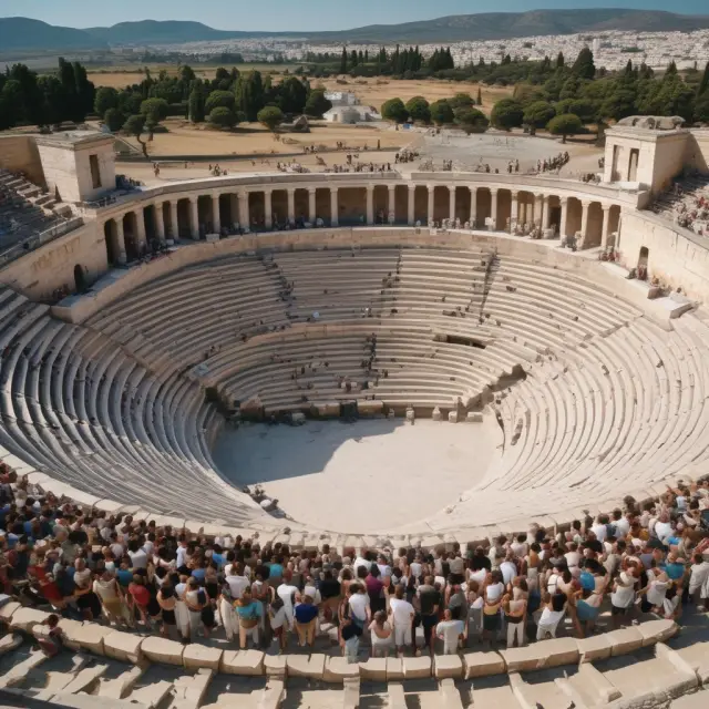 An ancient Greek amphitheater crowd discussing potential devaluation, instability and social unrest from introducing the Drachma again