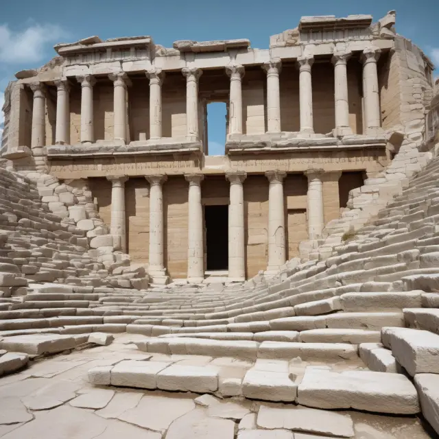 An ancient Greek amphitheater filled with debt notes instead of audience, representing Greece