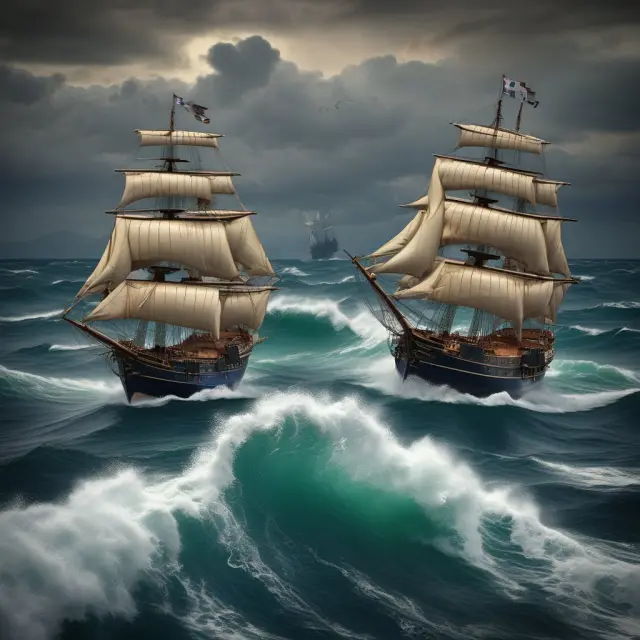 Two ships in rough waters: One heading for the European exit (Grexit), the other remaining in the EU, symbolizing Greece