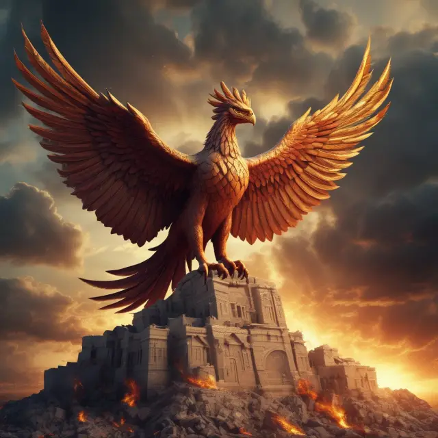A majestic phoenix emerging from flames against the backdrop of Greek ruins, symbolizing the country