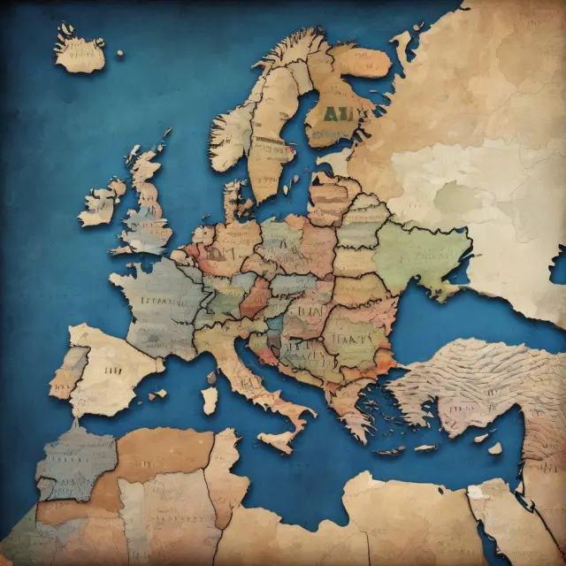 Map of Europe with eurozone countries under threat from fearful, stormy waves