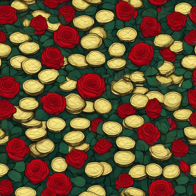 Golden grid of coins and profits contrasting against a red rose field, symbolizing the risks involved in grid trading