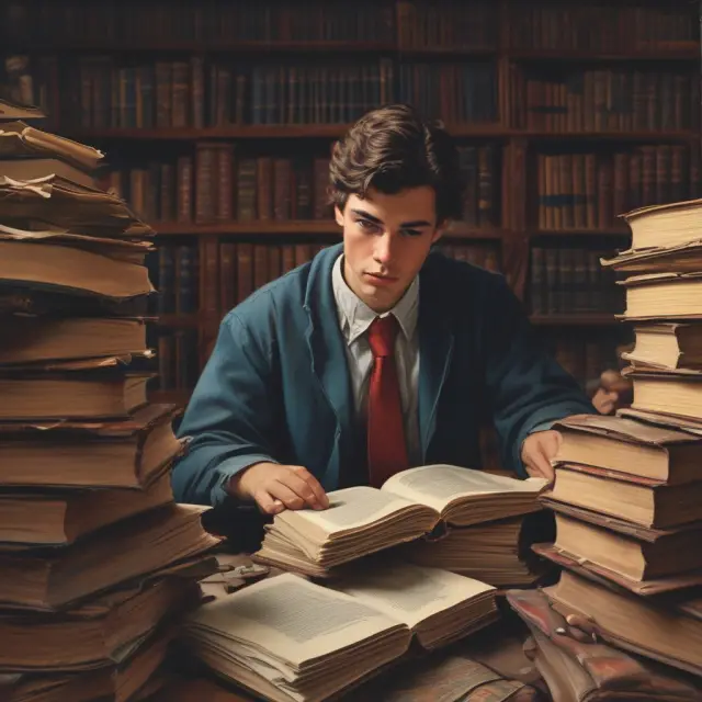 Student persistently studying in a library