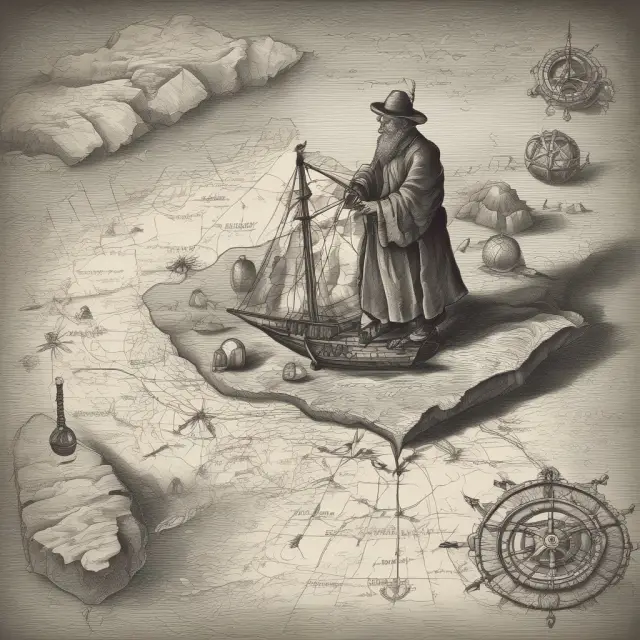 A person holding a compass and a treasure map while sitting at a desk, surrounded by charts, graphs, and books.