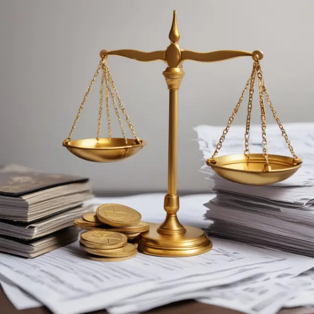 Golden coin representing qualified dividend shifts atop justice scales, surrounded by piles of financial documents and a 1099-DIV form