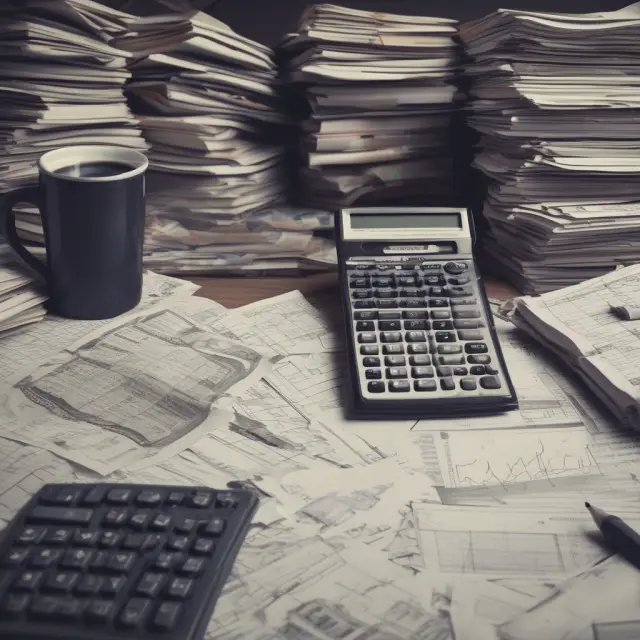 An institutional investor analyzing a towering stack of gross dividend reports and consulting a tax calculator
