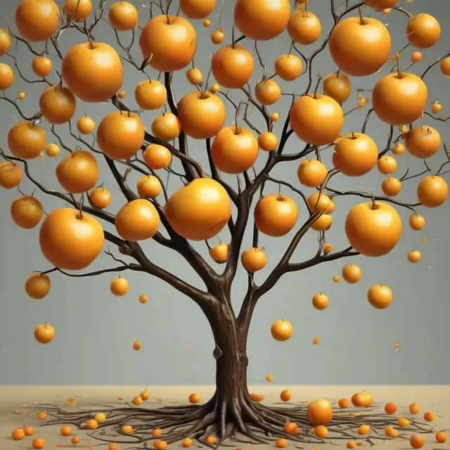 Golden apples (qualified dividends) and oranges (ordinary dividends) falling from a tree, representing the tax-advantaged benefits of investing in high-yield stocks