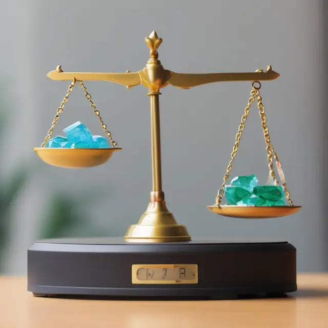 An investor holding a set of scales, with waived, reimbursed, and recouped fees as precious gems balanced on the scale. This image illustrates the impact of fee structures on net expense ratios.