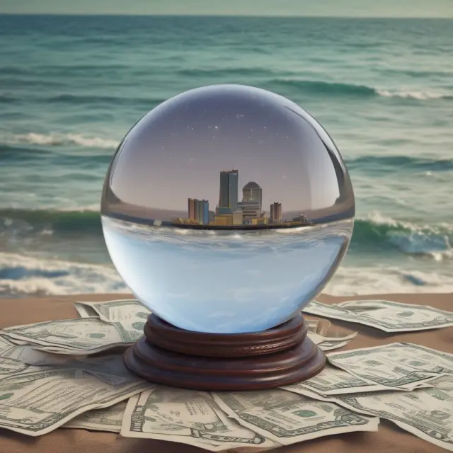 Image of a clear crystal ball displaying falling numbers, symbolizing decreasing mutual fund expense ratios among an ocean of financial data