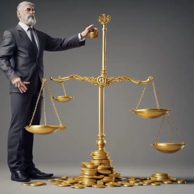 An investor holding a scale, weighing long positions as golden coins against short positions in the form of iron balls, symbolizing gross exposure