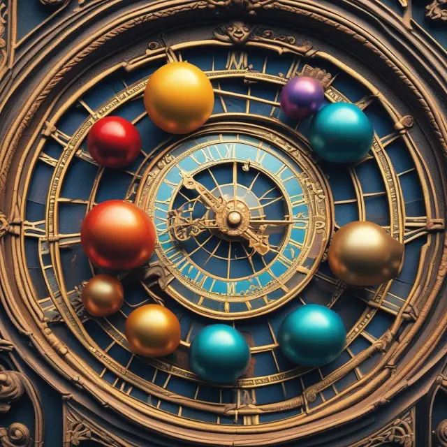 Diverse spheres orbiting an astronomical clock represent individual securities