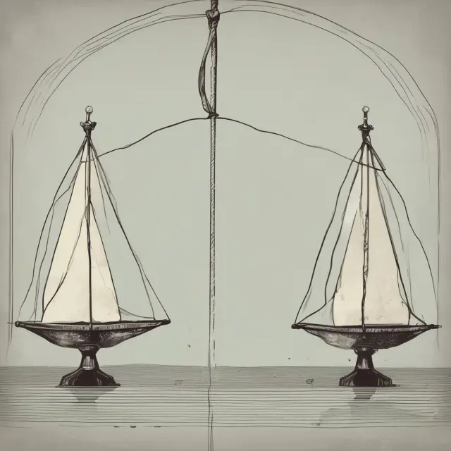 A pair of giant scales illustrating long and short positions balancing precariously on a tightrope to signify effective investor risk management