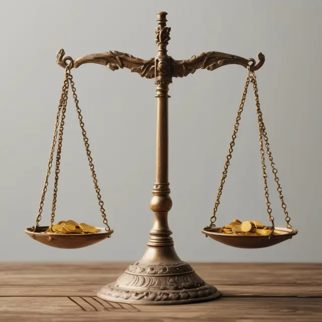 A scale weighing gold coins (gross income) against rental checks (net income) to highlight the importance of considering both in real estate valuation