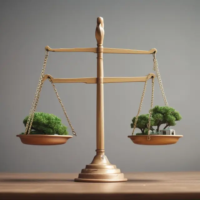 An investor balances a scale with gross income multiplier, market trends, and long-term vision represented as weighted objects.