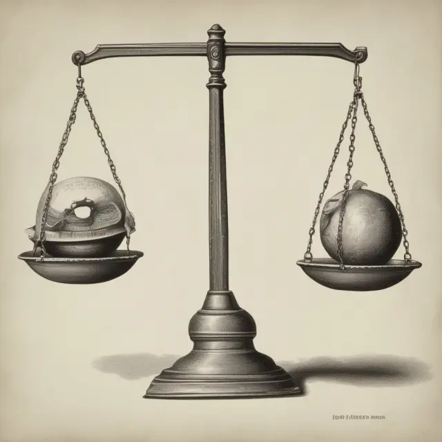 An elderly person holding a balance scale with one side representing the Gross-Income Limit and the other side showing inflation