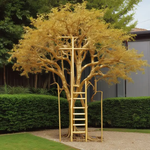 A golden tree with branches of canes and crutches blooming in a garden, representing the Gross-Income Test exemption for elderly and disabled dependents