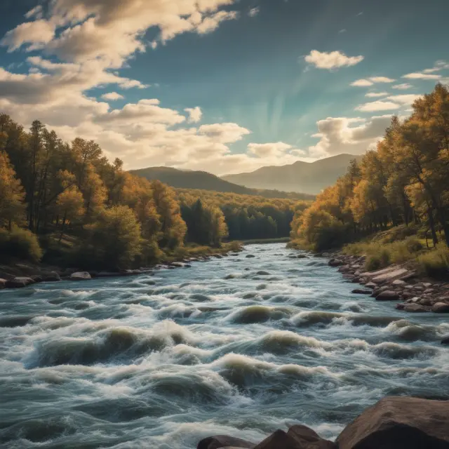 A gentle river symbolizing gross interest flowing into a more challenging section with tax 