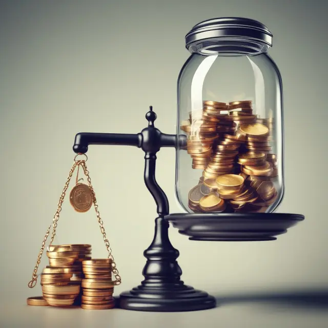 Image: A set of scales with a jar of coins representing gross interest, and a dripping faucet symbolizing net interest. The jar is heavier, emphasizing the higher value of gross interest.