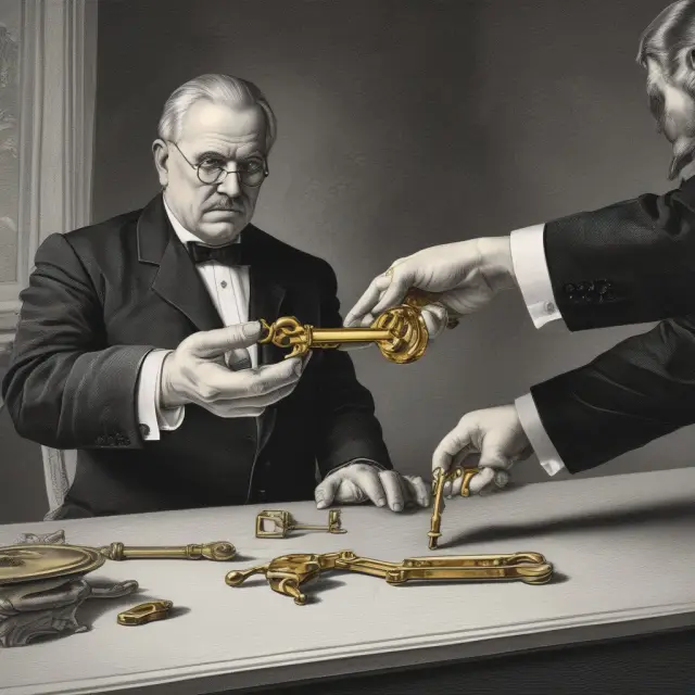 A bondholder hands over golden keys symbolizing gross interest payments to a treasurer, who secures them inside a chest