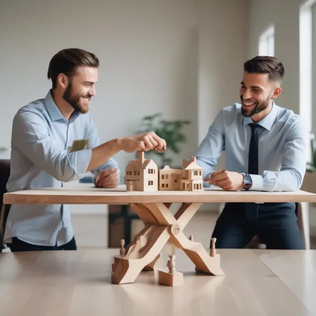 Two parties engaging in gross lease negotiations at a table, with a property backdrop and a seesaw symbolizing the balance of interests.