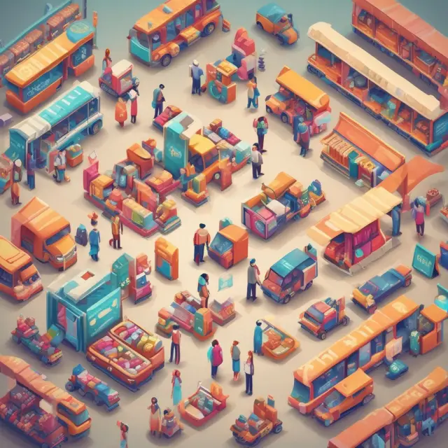 An image of a bustling digital marketplace displaying numerous goods with overlays showing sales price tags and number of units sold