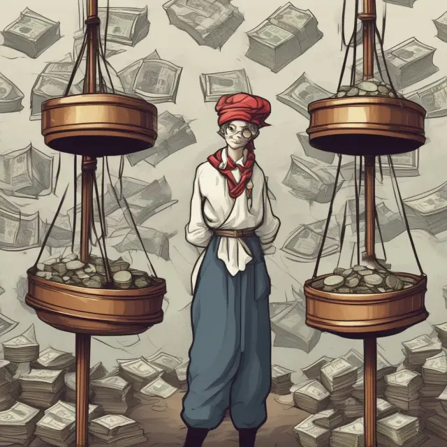 Scales representing Gross Merchandise Value (GMV) and profits balanced in a precarious equilibrium; blindfolded to symbolize the limited perspective gained from relying solely on GMV