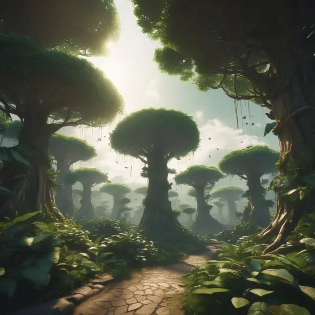 A lush jungle teeming with GMV trees symbolizing e-commerce companies