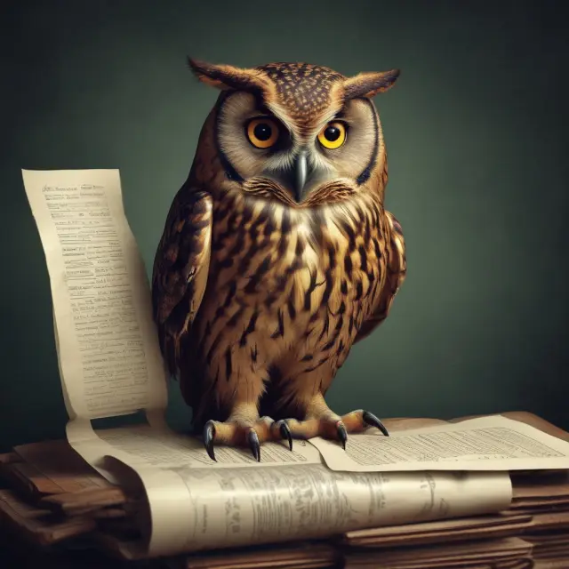 An owl, symbolizing wisdom, peruses a scroll bearing Gross Net Written Premium Income data for insurance investment analysis