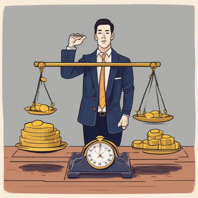 Gold coins symbolizing investment gains on scales, with hidden weights representing fees and expenses for net returns calculation