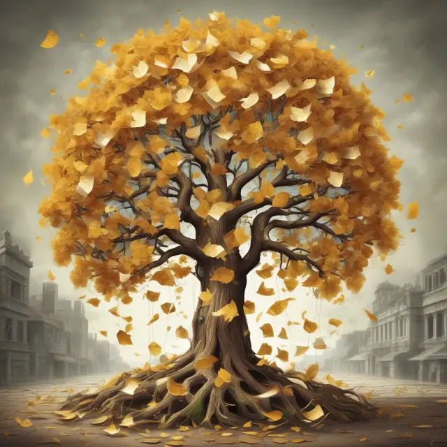 A grotesque tree with various business activities as branches, adorned with golden leaves representing gross receipts taxations