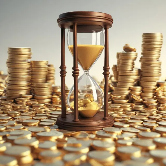 A giant hourglass filled with golden coins represents the concept of grossing up in financial compensation.