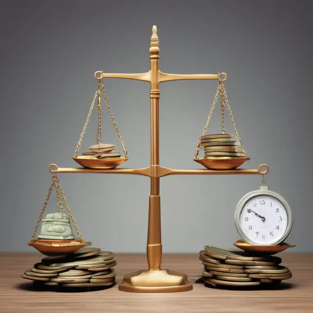 Golden scale tipping between net pay and gross pay, with taxes represented by weights