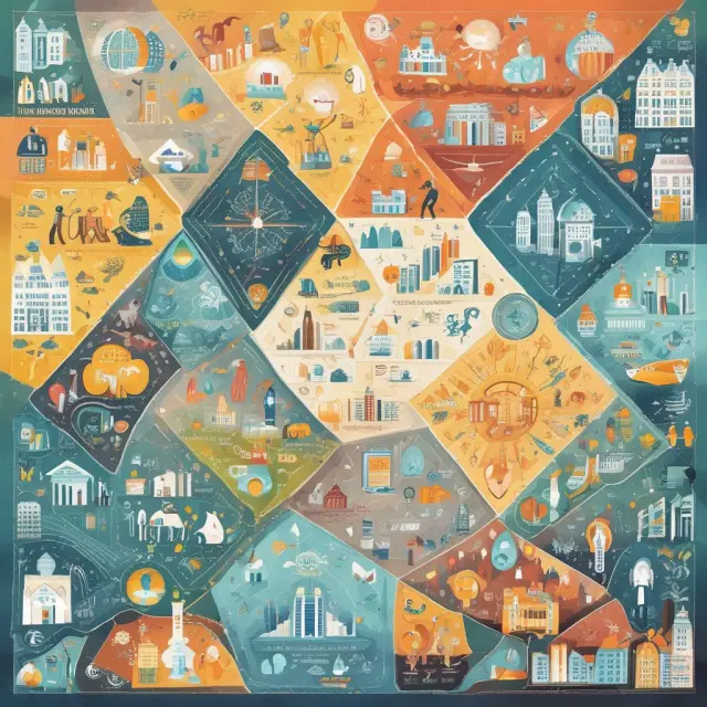 A vivid mosaic showcasing real estate, energy, healthcare, and technology sectors interconnected through a golden thread of Gross Value Added