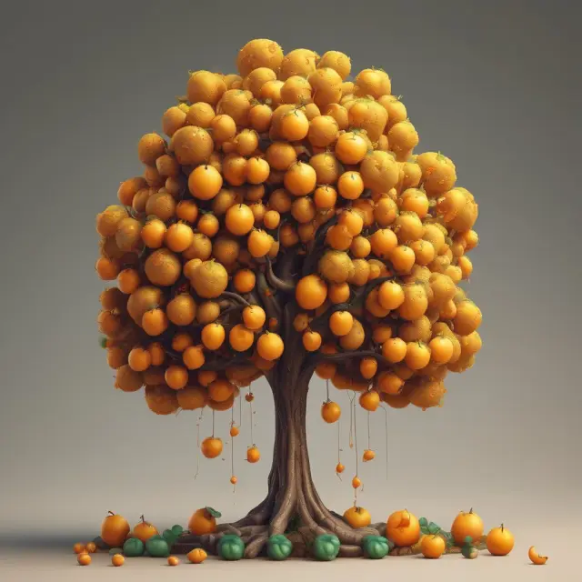 Golden tree with gross yield symbolizing potential investment returns, and net yield represented as ripe fruits after subtracting operational expenses