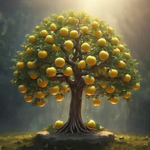 A flourishing tree with golden apples symbolizing gross yield, growing under the sun (wisdom) and rain (knowledge)